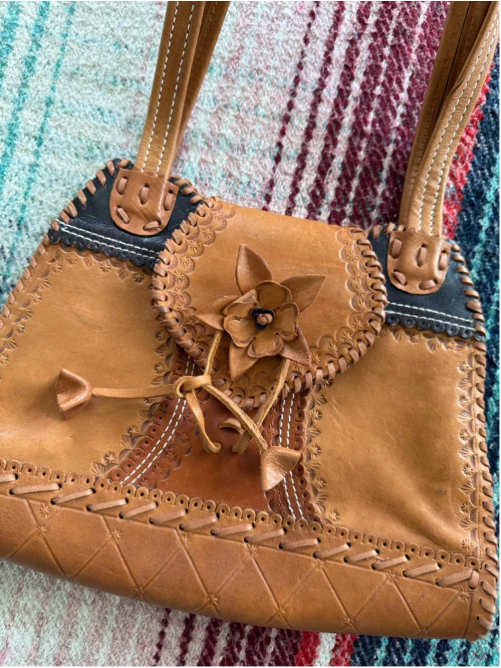 Vintage Caramel Brown Leather Flower Purse